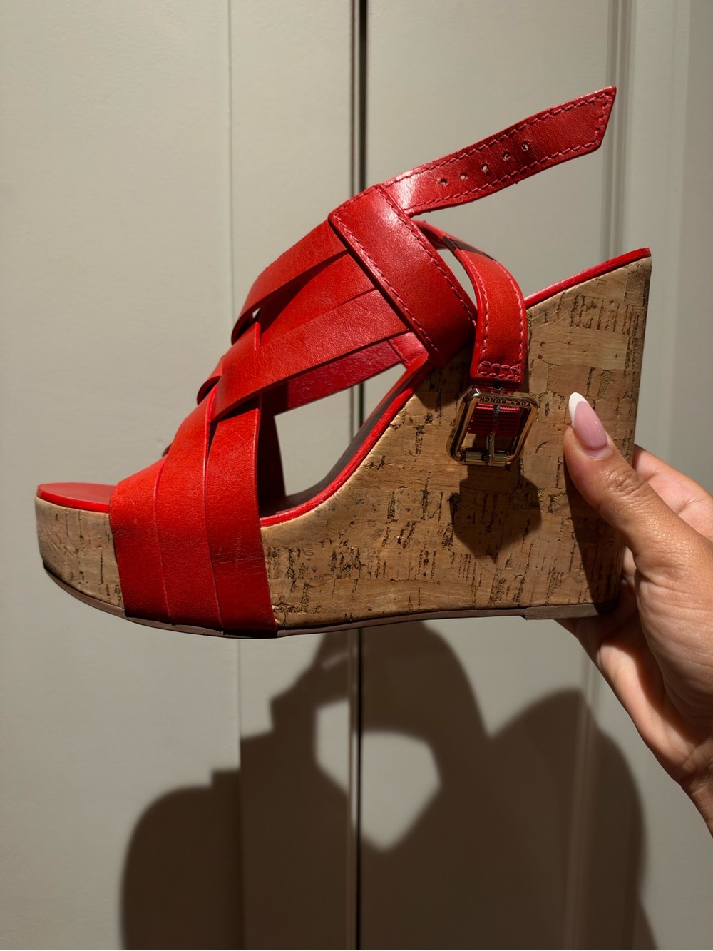 Tory Burch Red Cork Wedge Sandals with Strappy Leather Upper